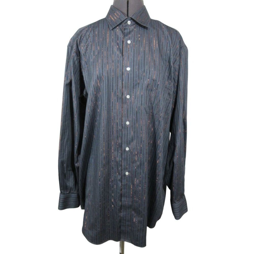 Paul Fredrick Pinstripe Shirt Men's‎ 16x34 Copper Metallic Non-Iron Classic Fit